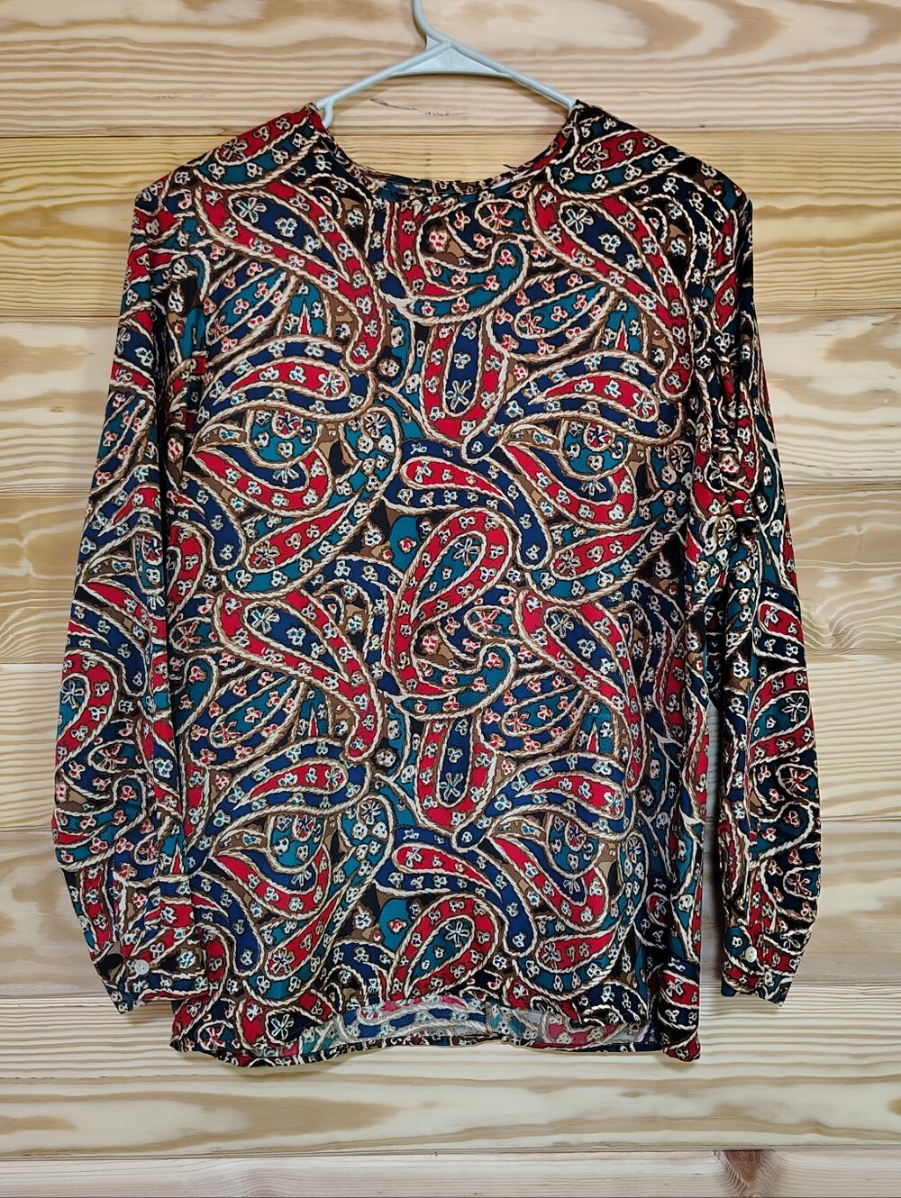 Anne Carson 100% Pure Silk Top S Paisley Long Sleeve Button Cuff Quiet Luxury